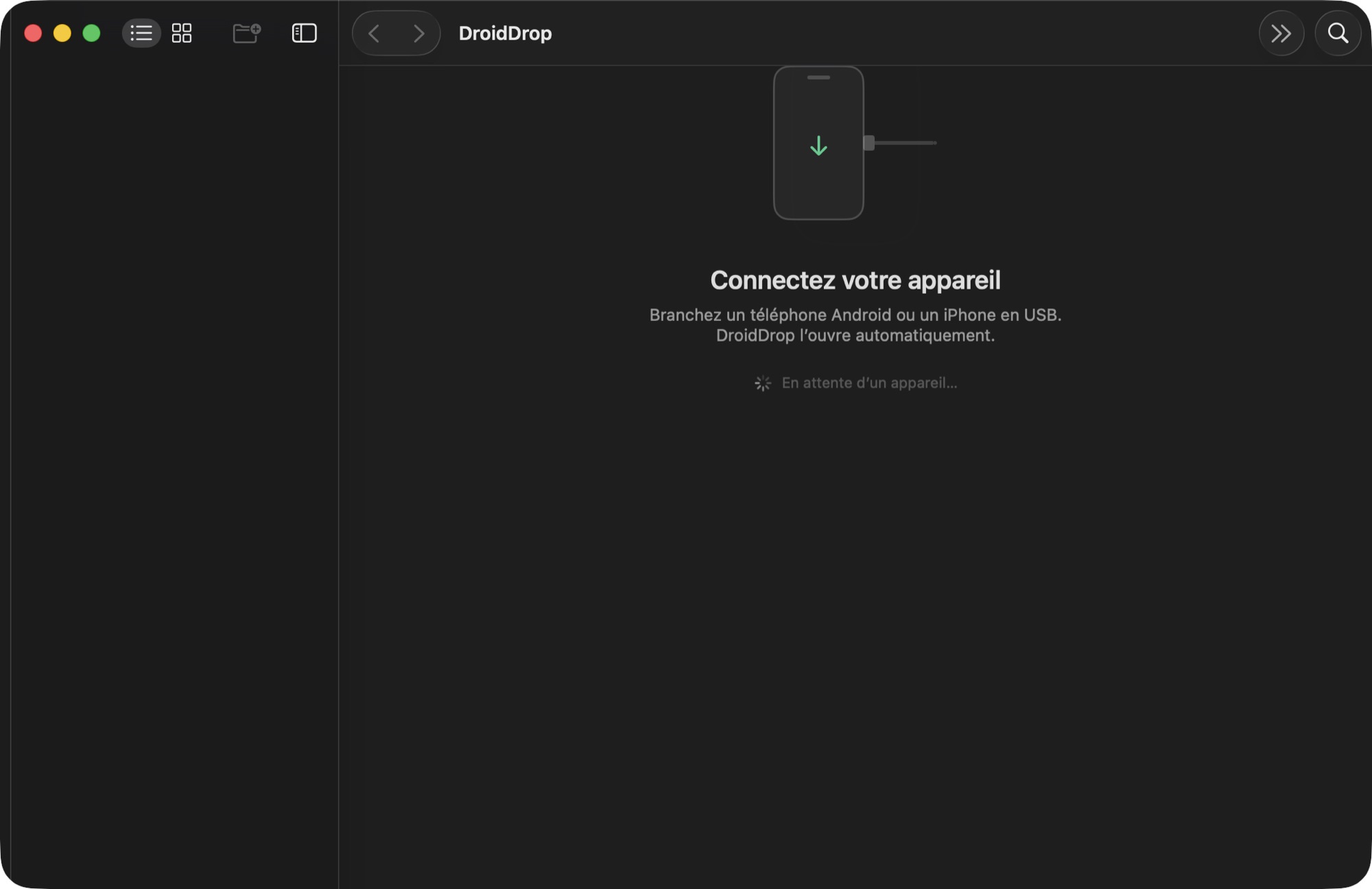 DropDroid en attente : la fenêtre s'ouvre sur ce message tant qu'aucun téléphone n'est branché, et bascule sur son contenu dès qu'un appareil est détecté.