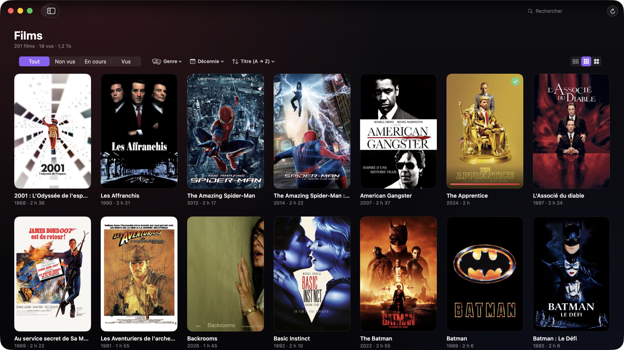 La bibliothèque de films dans Cineo : une grille d'affiches avec ses filtres et ses tris