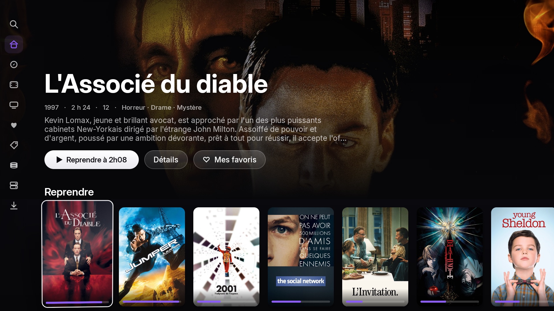 L'accueil de Cineo sur Android TV : L'Associé du diable à la une avec « Reprendre à 2h08 », puis la rangée Reprendre
