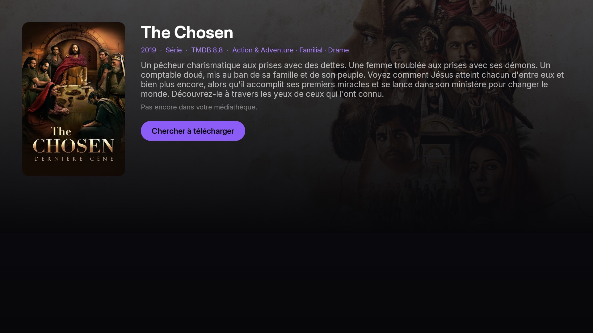 Une série absente de la médiathèque dans Cineo sur Android TV, avec le bouton « Chercher à télécharger »
