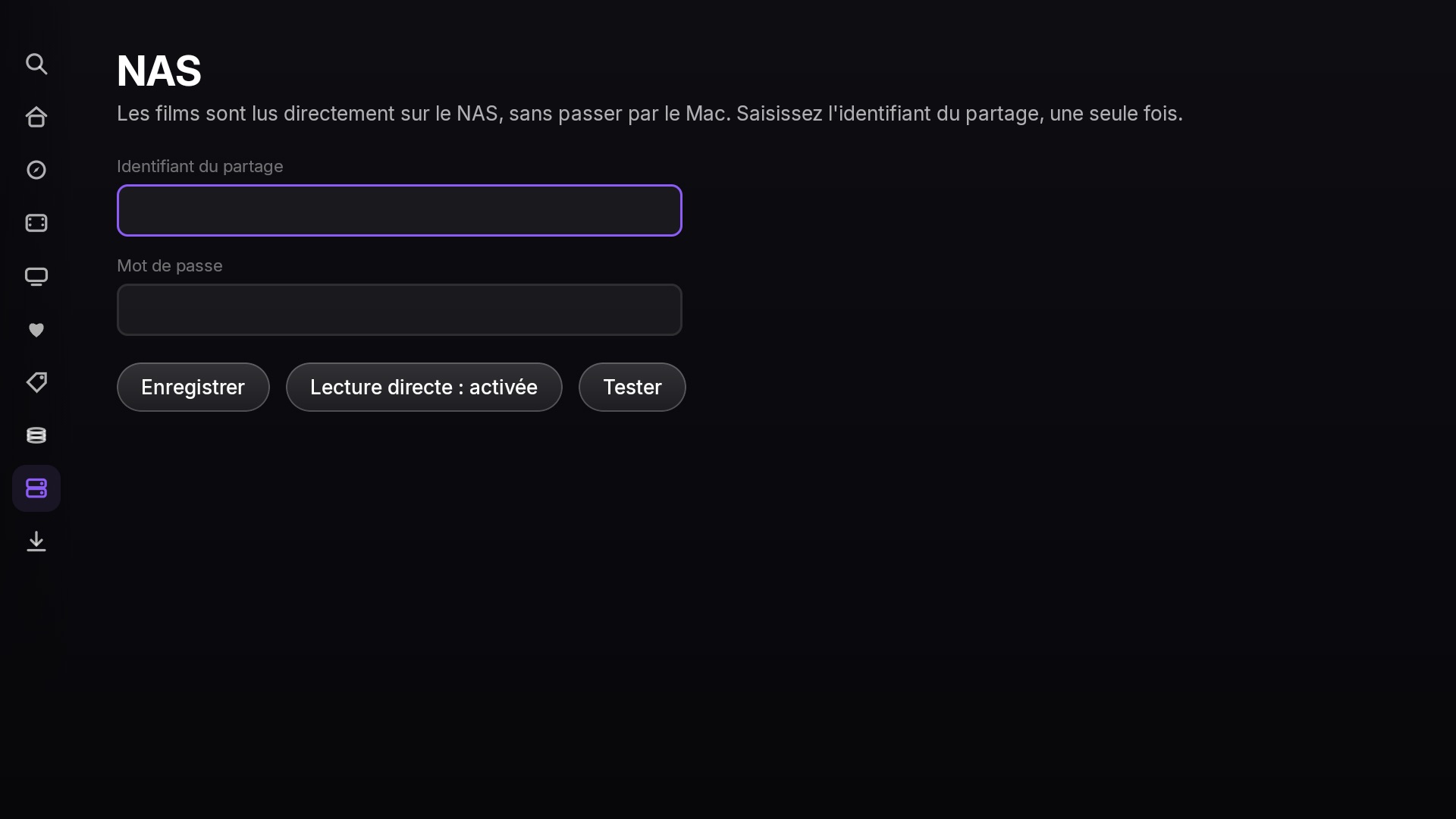 L'écran NAS de Cineo sur Android TV : identifiant du partage, mot de passe, Enregistrer, Lecture directe activée, Tester